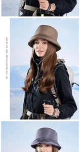 Close-up of quilted winter bucket hats in brown and purple for outdoor snow hiking
