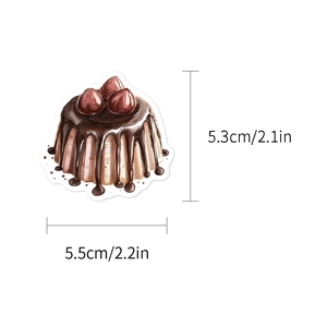 Detailed size chart showing a 5.3x5.5cm chocolate pudding sticker with dimensions