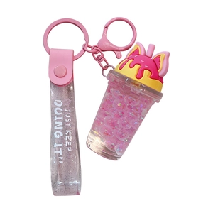 Pink cat ear bubble tea cup keychain with liquid glitter and slogan strap