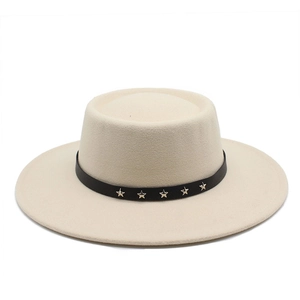 Detail of beige wool boater hat with black leather strap and gold star-shaped rivets
