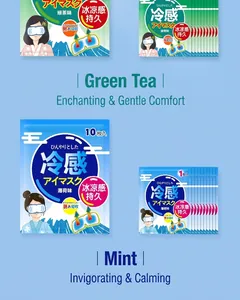Detail view of boxed and bagged cooling eye masks with mint and green tea scents