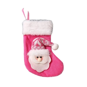 Chaussette de Noël rose avec bordure peluche et père Noël 3D sur fond blanc pur