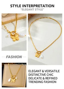 Detailed macro view of gold butterfly pendant and asymmetric chain necklace with pearls