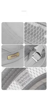 Detail of light gray mesh baseball cap showing 100% polyester label and metal buckle