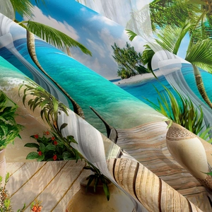 Detail of high density polyester fabric with tropical beach print and soft texture