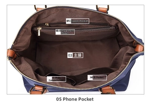 Detailed internal structure of blue nylon tote bag with zipper and multi-functional pockets
