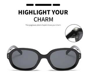 Detail of metal hinge structure and silver double studs on black square sunglasses