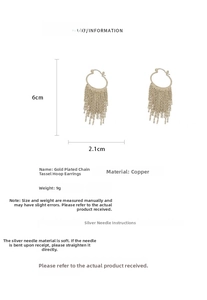 Detailed size specifications of gold tassel hoop earrings with 6cm length and 2.1cm width
