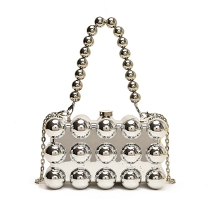Unique silver metallic spherical clutch bag with ball-beaded handle and chain strap on white