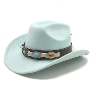 Mint green felt cowboy hat with leather band featuring blue stones and ethnic details