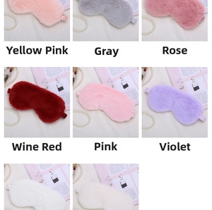 Collage of plush sleeping eye masks in various colors like pink, grey, and purple