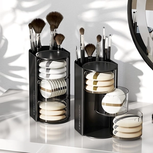 Rotating makeup puff organizer with multi-layer transparent drawers and brush holder