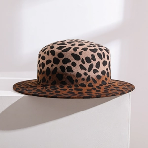 Flat top leopard print wool felt fedora hat with wide brim in a gradient brown and black
