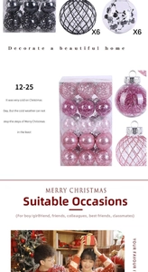 Detail showing 6cm PET Christmas ball set with glitter and grid textures in display box
