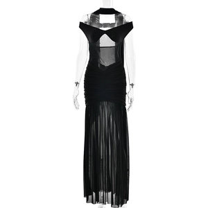 Sexy black mesh strapless backless maxi dress with ruched slit for evening party wear