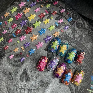 Autocollants Ongles 3D Relief Coloré Halloween Crâne Coeur Motifs DIY Manucure Décoration Accessoires Tendance