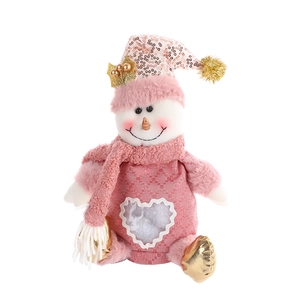 Pink Christmas snowman plush decor with gold sequins and heart window gift bag