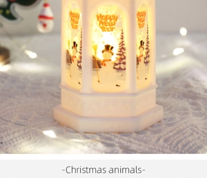 Detail of white Christmas lantern base with snowman motif and festive holiday decorations