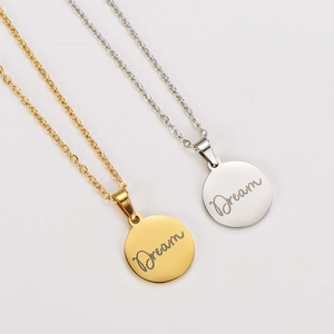 Dream Engraved Round Pendant Necklace Stainless Steel High Polished Chain Minimalist Jewelry Gift Women Men