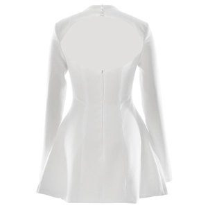 Rear view of white mini dress featuring back cutout and elegant button closure on collar