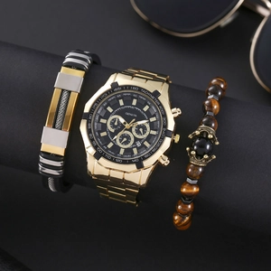 Lichtgevend herenhorloge met stalen band en luxe kralenarmbanden set voor mannen
