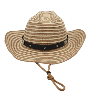 Detail of western straw hat with leather band, metal studs, and adjustable chin cord