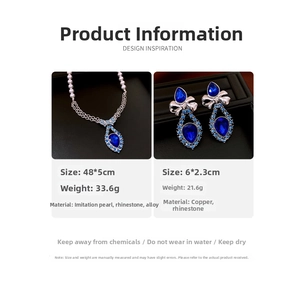 Blue teardrop crystal necklace and earrings set with size and weight specifications