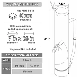 Detailed yoga bag size guide showing dimensions for mats up to 10mm thick and 25 inches wide