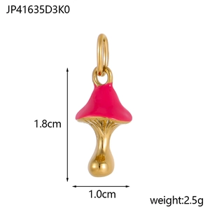 Detail showing pink enamel mushroom pendant dimensions of 1.8cm height and 1.0cm width