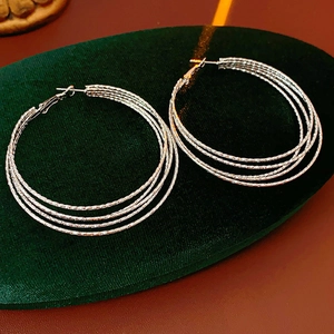 Detail of silver multi-layer hoop earrings on dark velvet showing sparkling texture