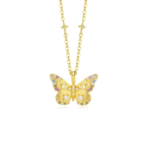 S925 sterling silver butterfly necklace with colorful cubic zirconia in gold finish