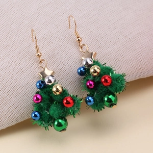 Christmas tree drop earrings with colorful metallic ornaments and gold star charm