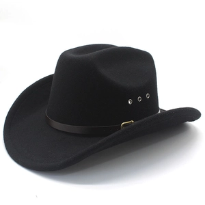 Classic black felt cowboy hat with wide brim, metal vents, and thin leather decorative band