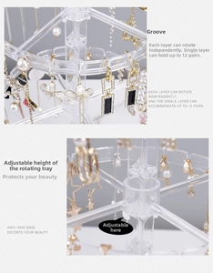 Close-up of clear acrylic rotating jewelry rack showing adjustable tiers and earring hooks
