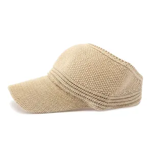 Beige knitted open top visor hat with breathable mesh texture for sun protection