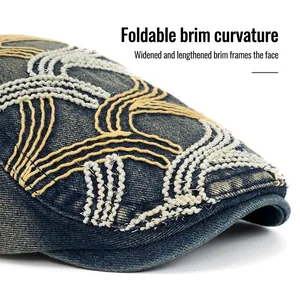 Retro denim flat cap with wavy embroidery and adjustable wide brim for a slim look