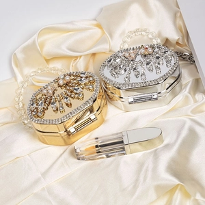 Mini rhinestone iron box bag with pearl handle and crystal mosaic in gold and silver