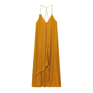 Satin Midi Dress Gold Metal Chain Strap V Neck Ginger Yellow Elegant Party Sleeveless Slip For Women