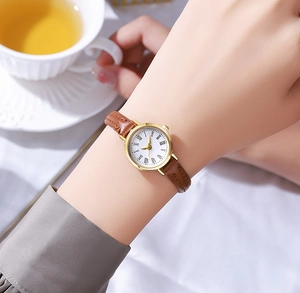Close-up of vintage quartz watch with gold case, Roman numerals and brown leather strap