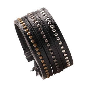 Men's punk multilayer black leather bracelet with gold, silver and bronze metal studs