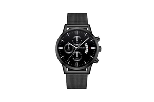 Front view of black chronograph men's watch with mesh metal strap and date display
