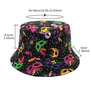 Double-sided vintage sun hat with mask pattern and detailed size guide for unisex fit