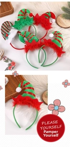 Detail showing festive elf hat headbands with sequins, feathers and golden bells
