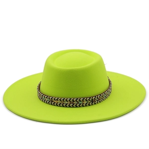 Detailed view of the neon green wide brim wool fedora with a geometric woven band