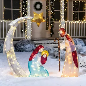 Outdoor lighted nativity scene garden stakes with Holy Family and LED warm white lights