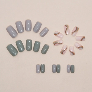 Gray and sage green press-on nails with wave patterns and shimmer finish in square oval shape