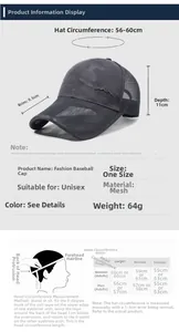 Size chart for camouflage mesh baseball cap showing visor length and 56-60cm circumference