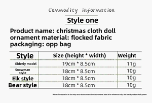 Size specifications of soft fabric Christmas plush pendants including Santa and Reindeer