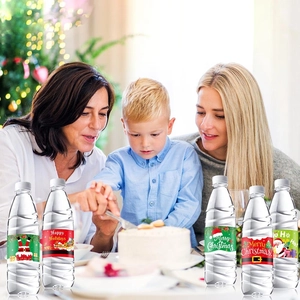 5 unique Christmas water bottle labels with Santa and snowman designs for holiday parties