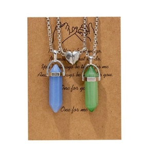 Hexagonal crystal pillar necklaces with magnetic heart charm for couples or best friends